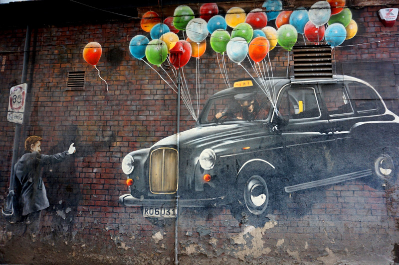 Black cab balloon street art, Glasgow, Scotland