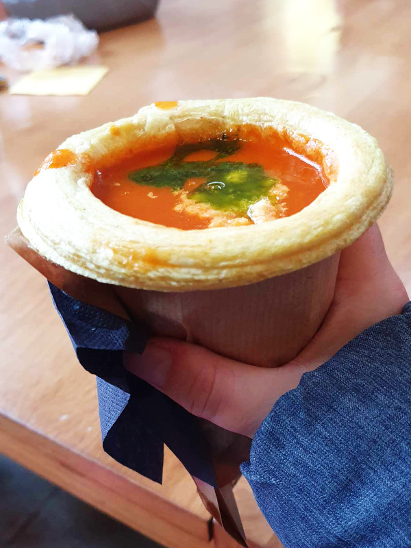 Tomato soup in a bread cup, Riga, Latvia
