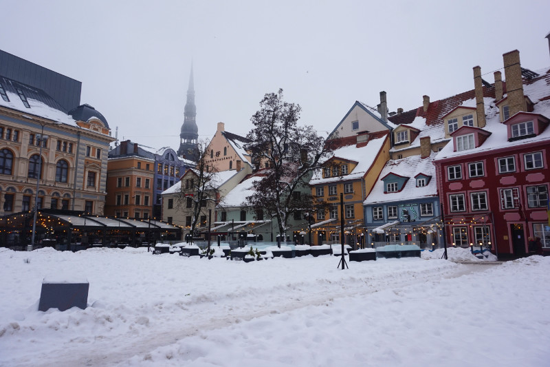 Foggy, snowy day in Riga, Latvia