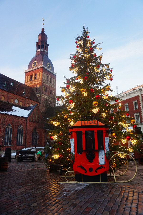 Riga Christmas market before it's open with a lit up Christmas tree and the Dom behind, Riga, Latvia