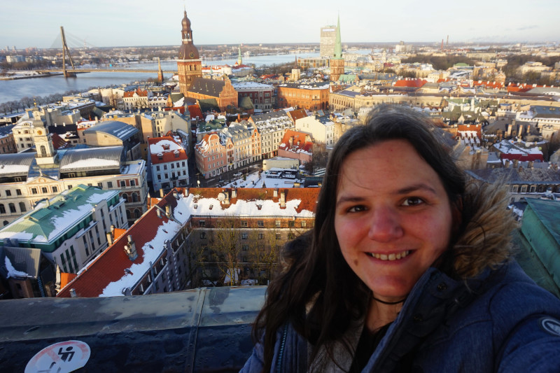 Me with the view of Riga from St Peter's Church, Latvia