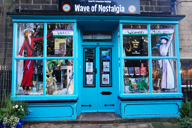 Shop front for Wave Of Nostalgia women's bookshop, Haworth, Yorkshire