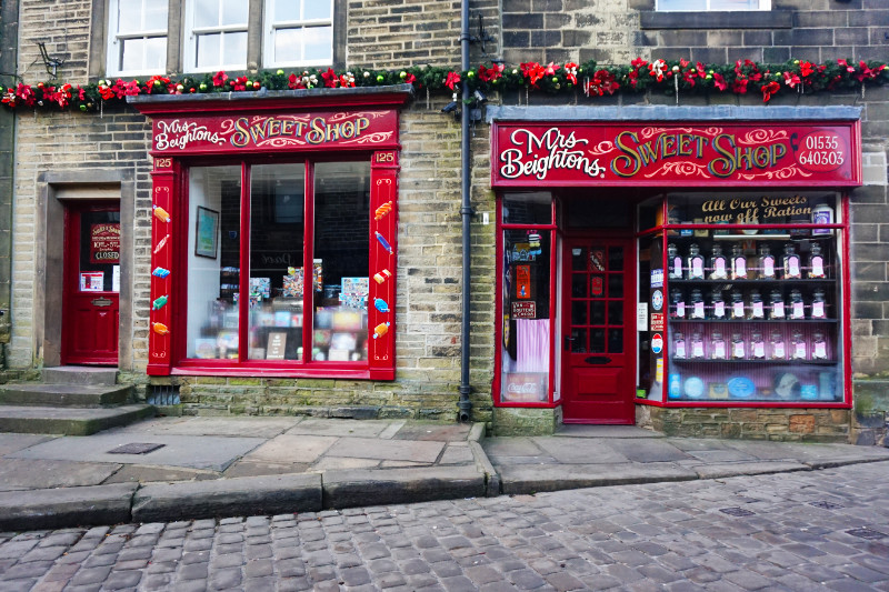 Shop front for Mrs Beighton's Sweet Shop, Haworth, Yorkshire